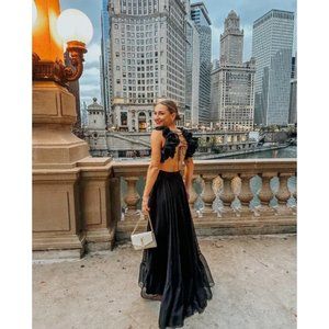 Mac Duggal LEENA Black Chiffon Ruffled Cut-Out Lace-Up Back Gown Size 0